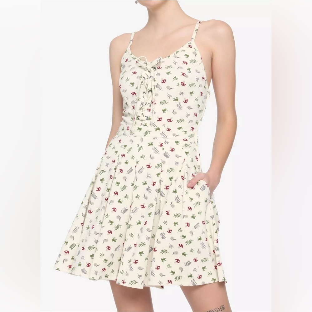 New Hot Topic Frog Mushroom Lace Up Dress M Fairygoth Cottagecore Goblincore